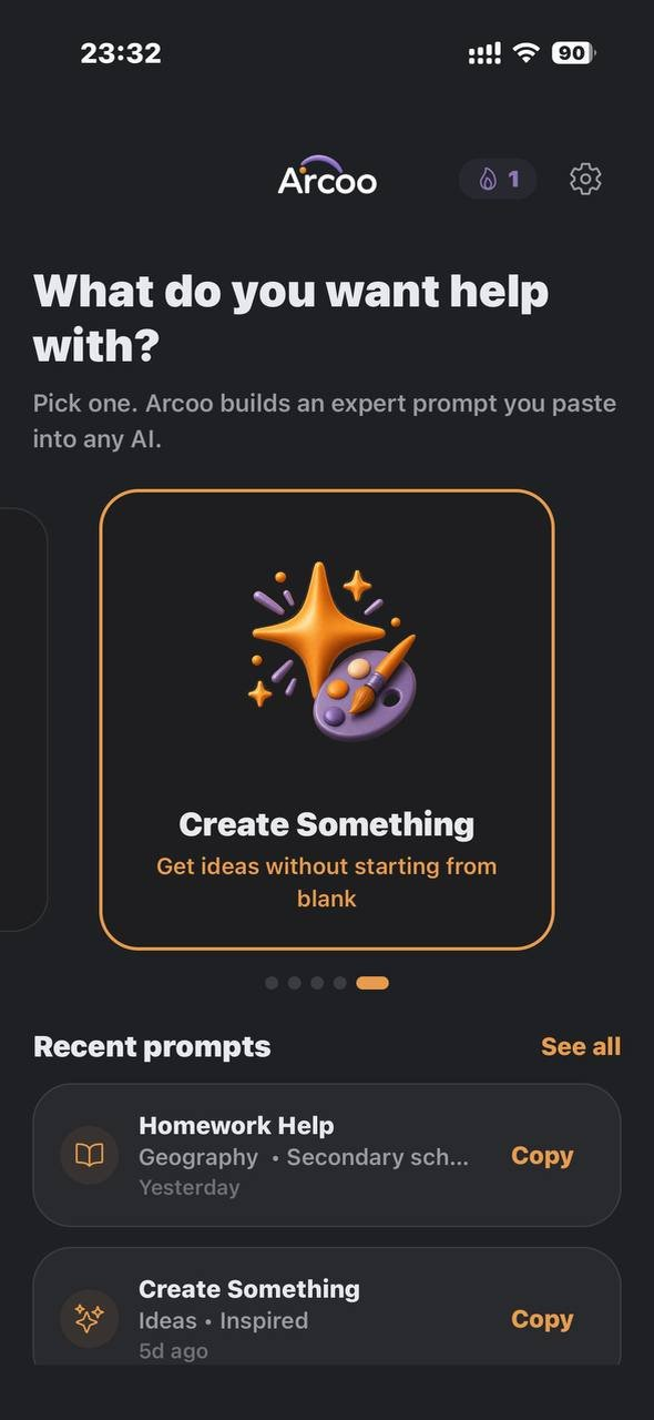 Arcoo home screen — dark mode