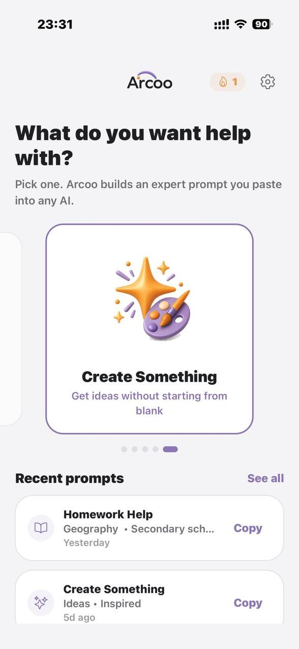 Arcoo home screen — light mode